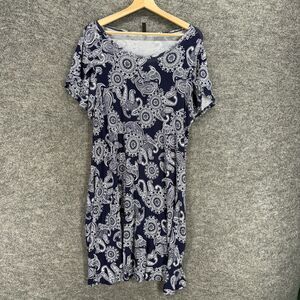 Hotgift Dress Women XL Black Geometric Shift Midi Round Neck Short Sleeve Rayon